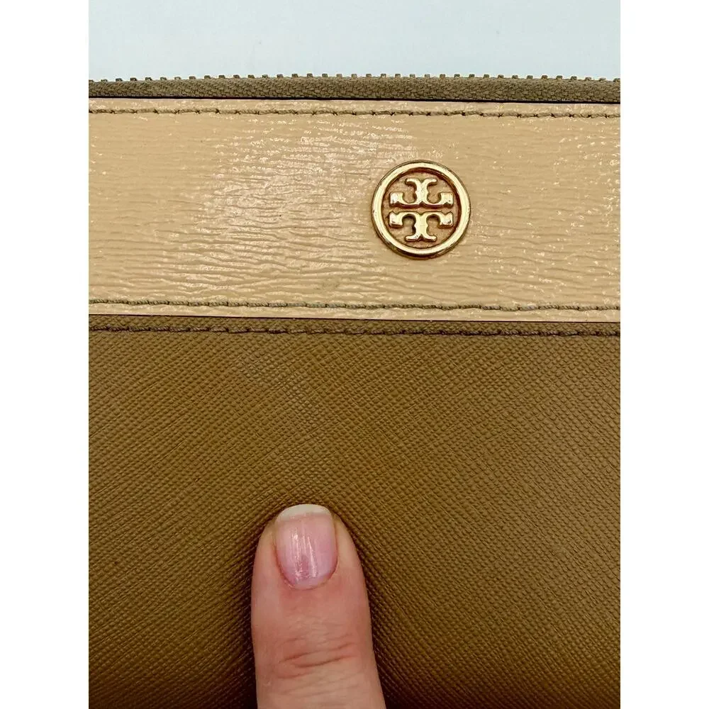 Tory Burch Zip Around Continental Wallet Tan Saffiano Leather Colorblock